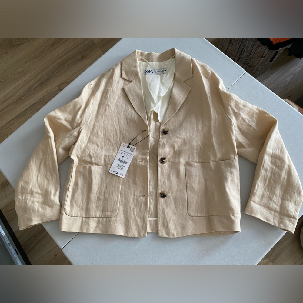 Zara 100% Linen Blazer Jacket Coat Beige Cream Neutral ZW Collection lined S NWT - Picture 5 of 16